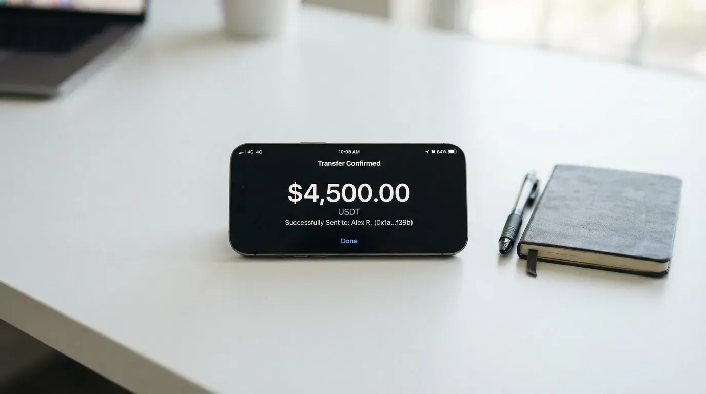 A phone showing a stablecoin transfer screen