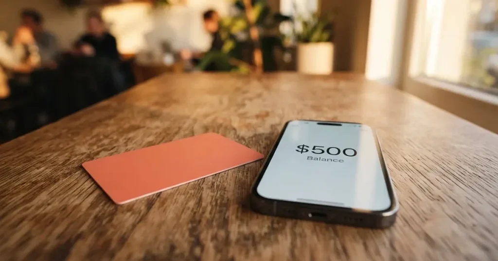 A payment card next to a phone with a crypto wallet app open