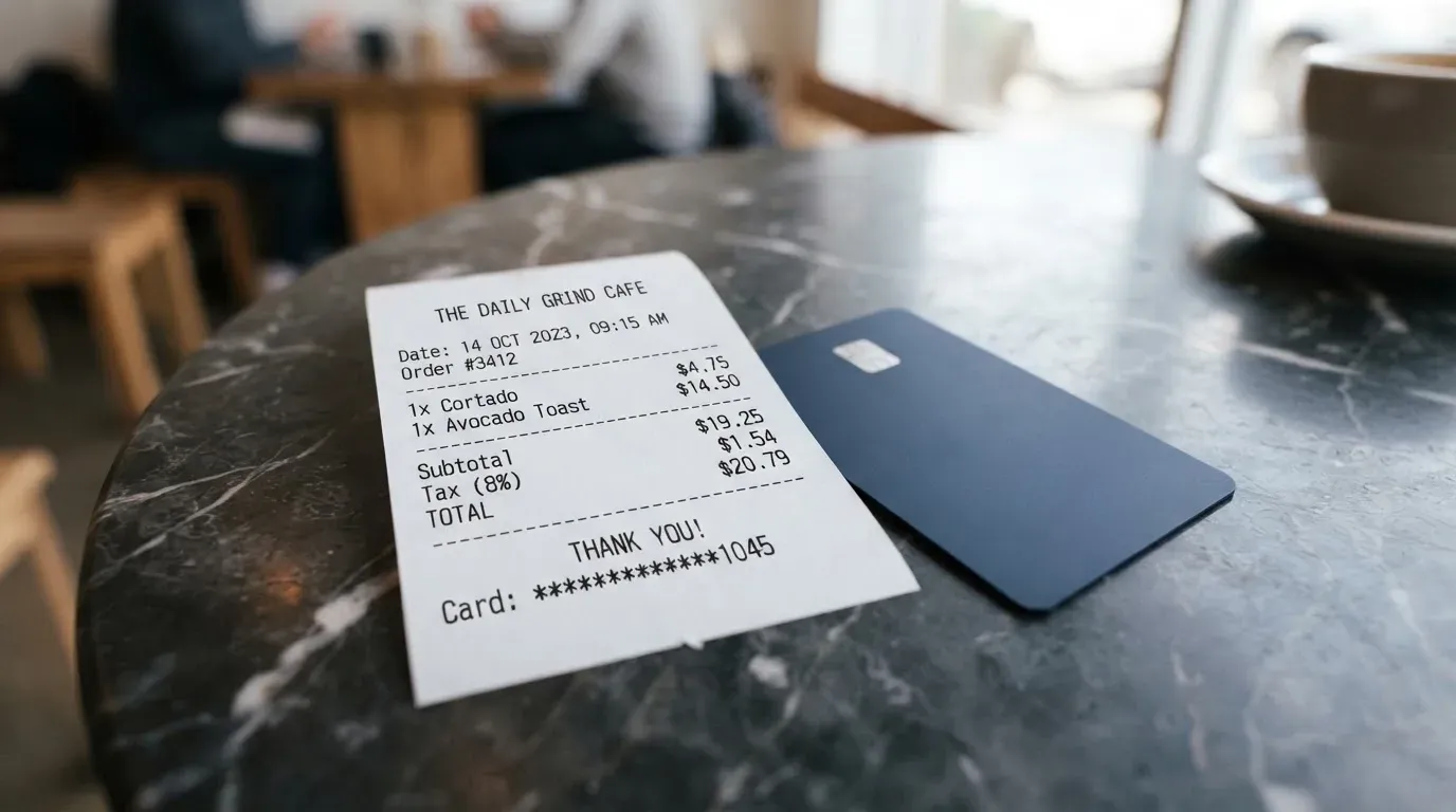 A receipt and a card on a café table