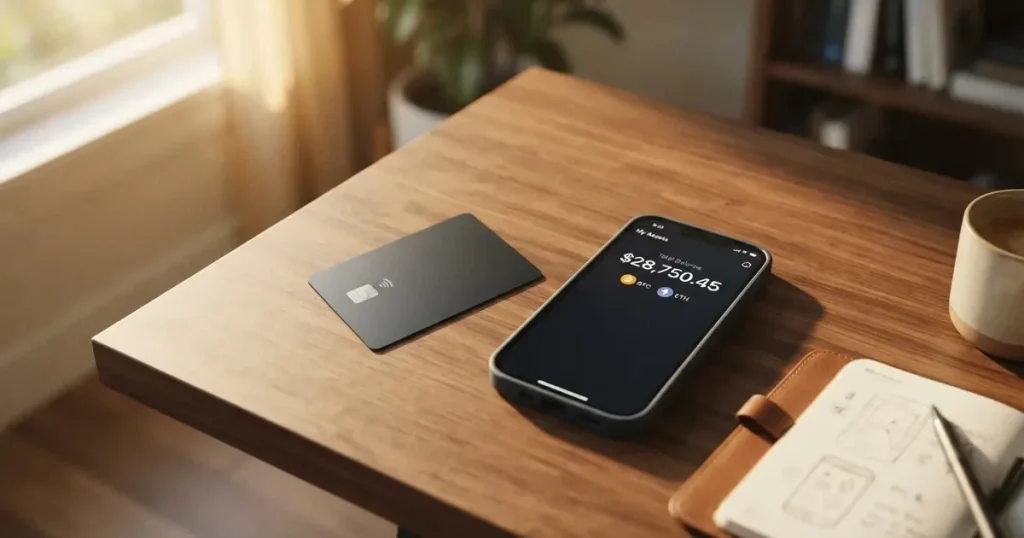 A payment card next to a phone with a crypto wallet app open