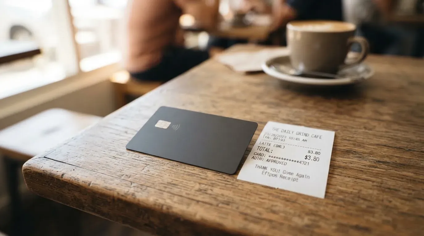A receipt and a card on a café table