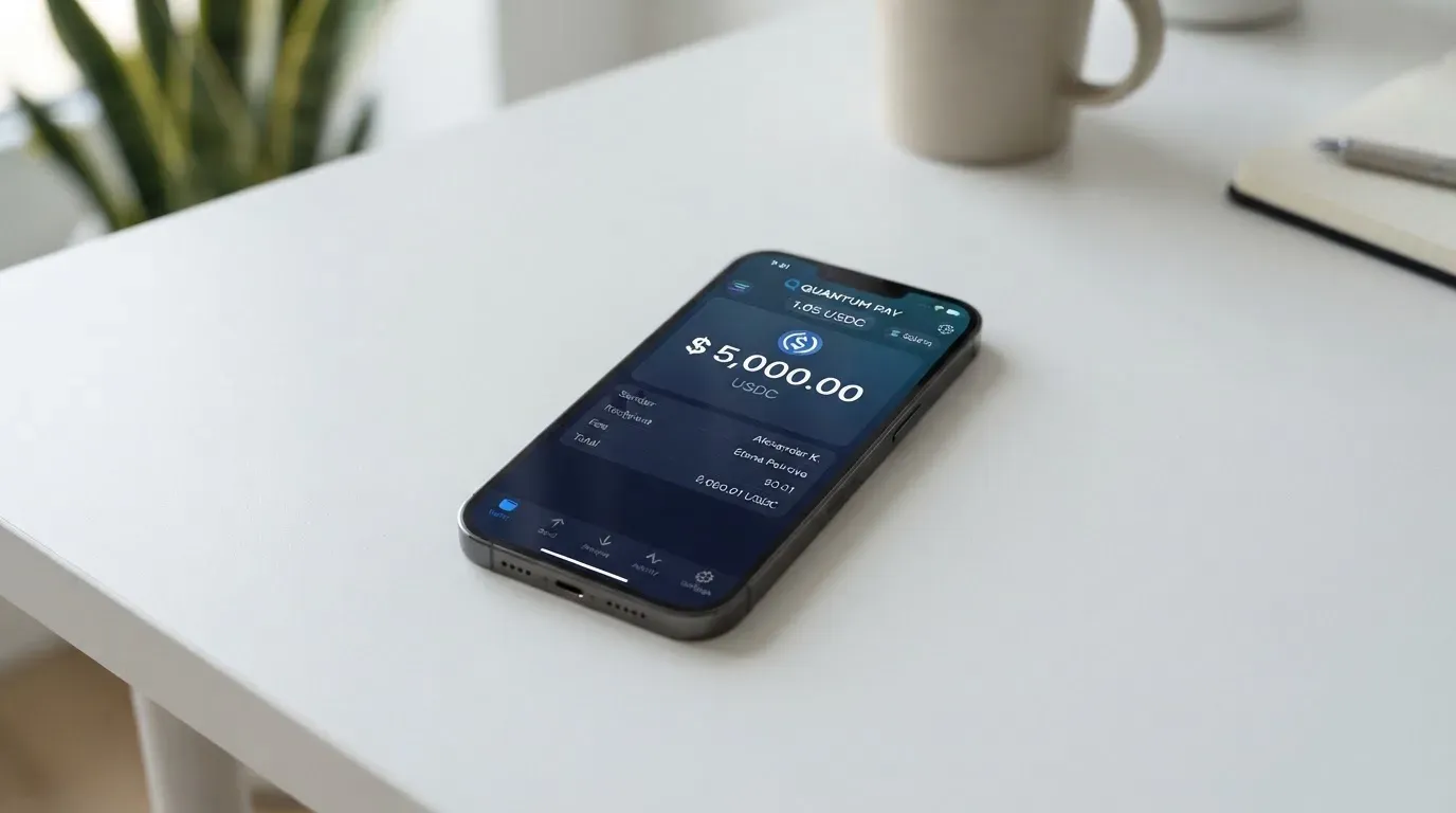 A phone showing a stablecoin transfer screen