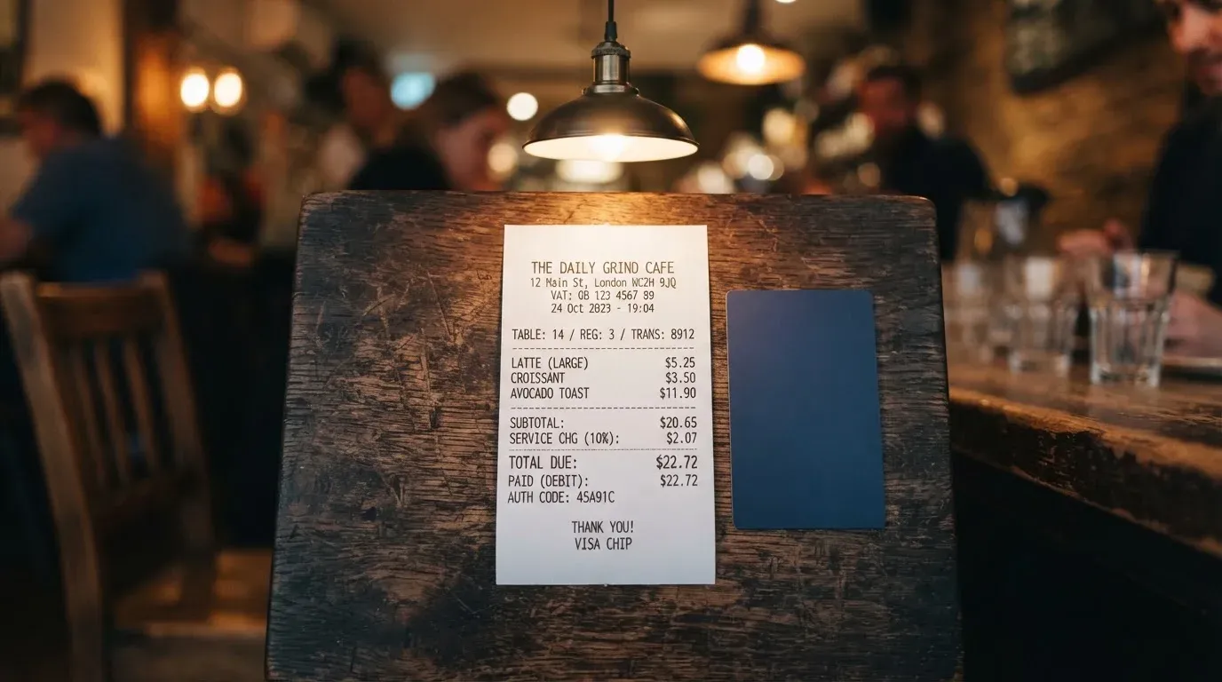 A receipt and a card on a café table