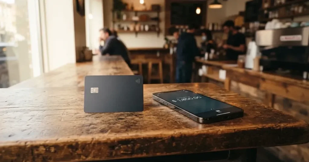 A payment card next to a phone with a crypto wallet app open