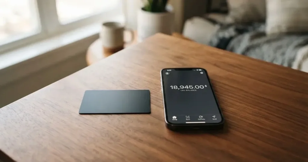 A payment card next to a phone with a crypto wallet app open