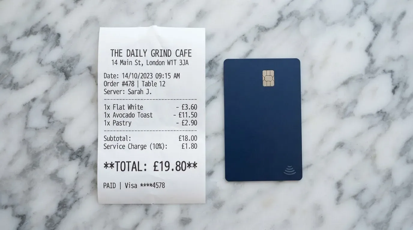 A receipt and a card on a café table