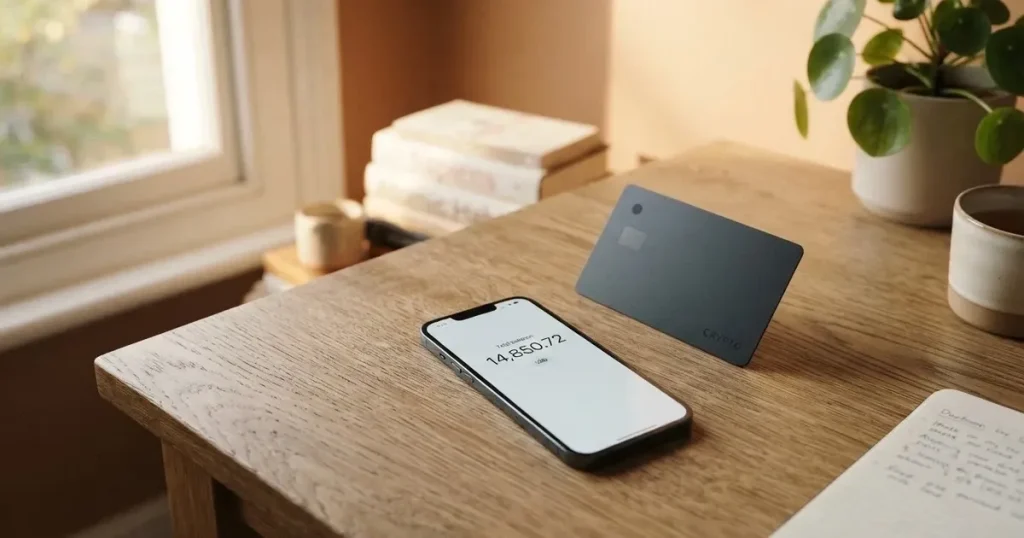 A payment card next to a phone with a crypto wallet app open
