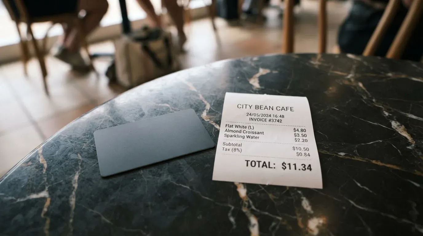 A receipt and a card on a café table