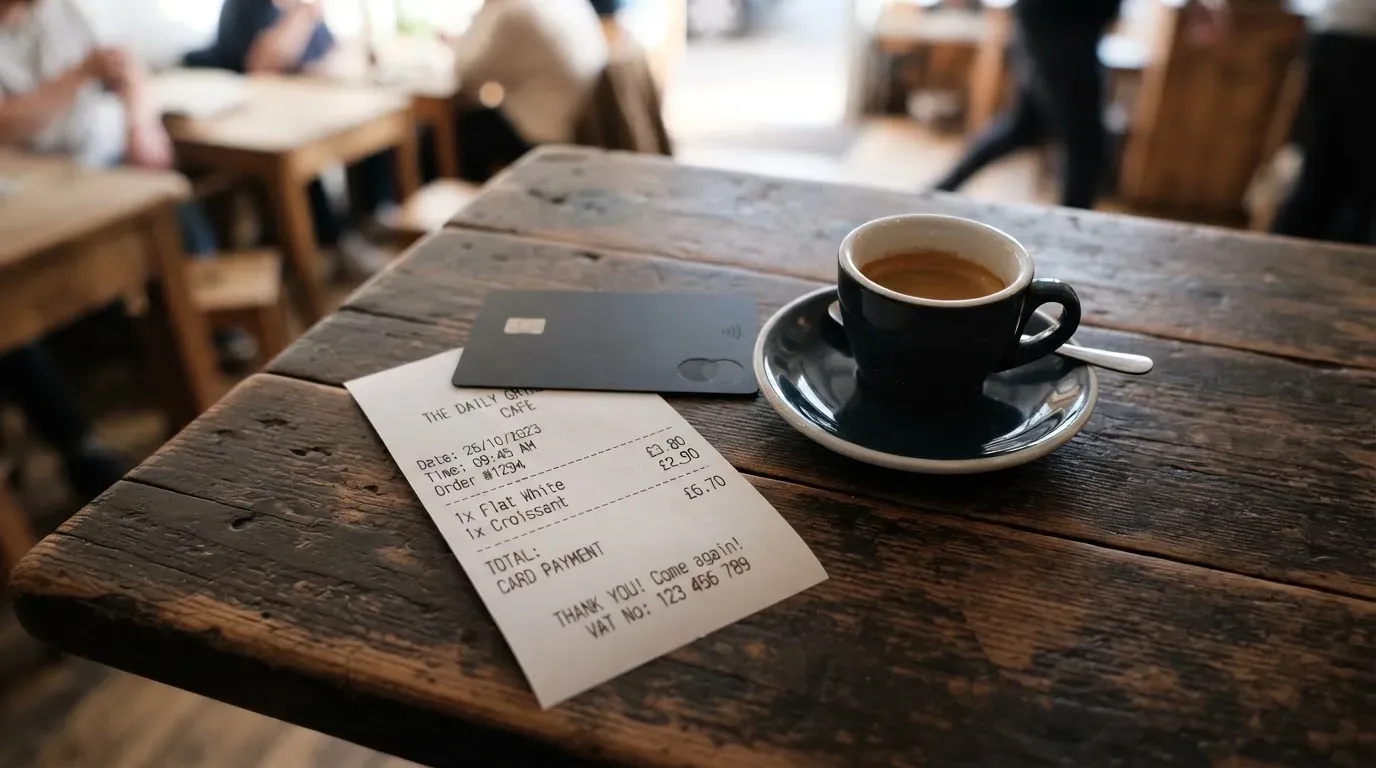 A receipt and a card on a café table