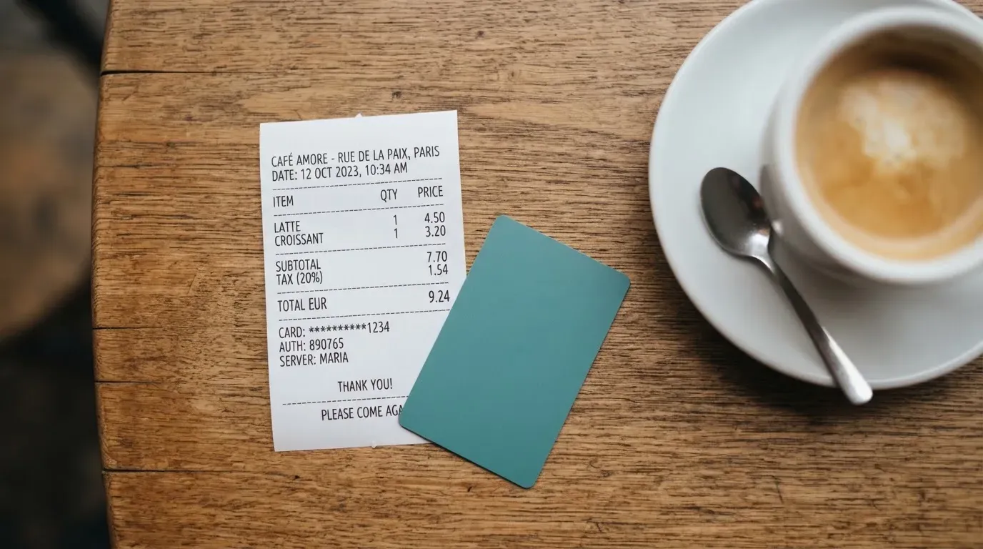 A receipt and a card on a café table