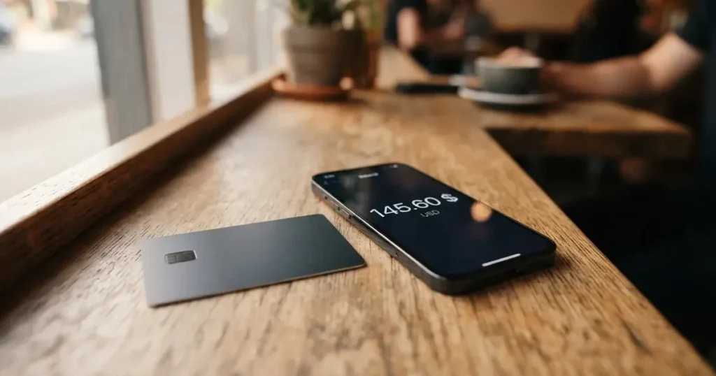 A payment card next to a phone with a crypto wallet app open