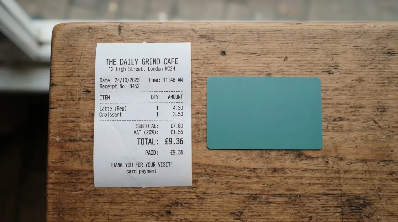 A receipt and a card on a café table
