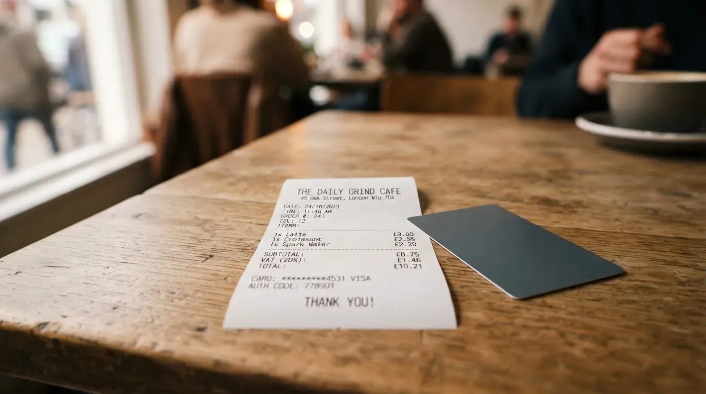 A receipt and a card on a café table