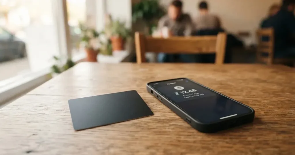 A payment card next to a phone with a crypto wallet app open