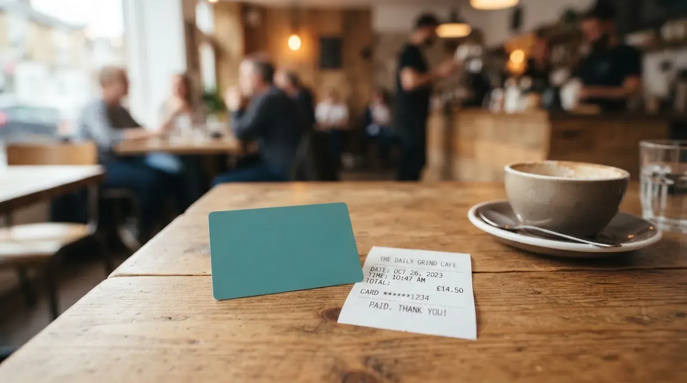 A receipt and a card on a café table