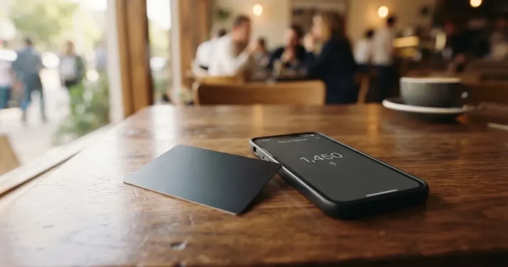 A payment card next to a phone with a crypto wallet app open
