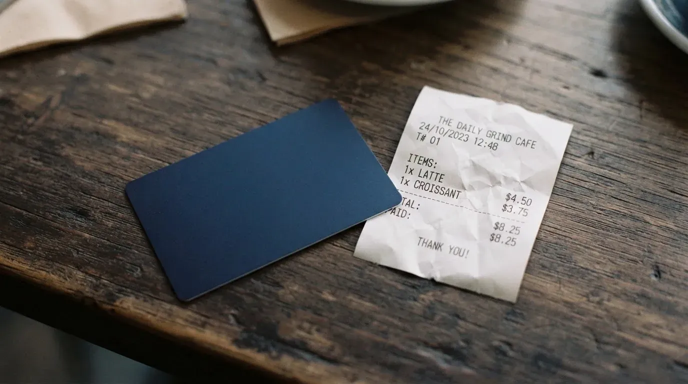 A receipt and a card on a café table