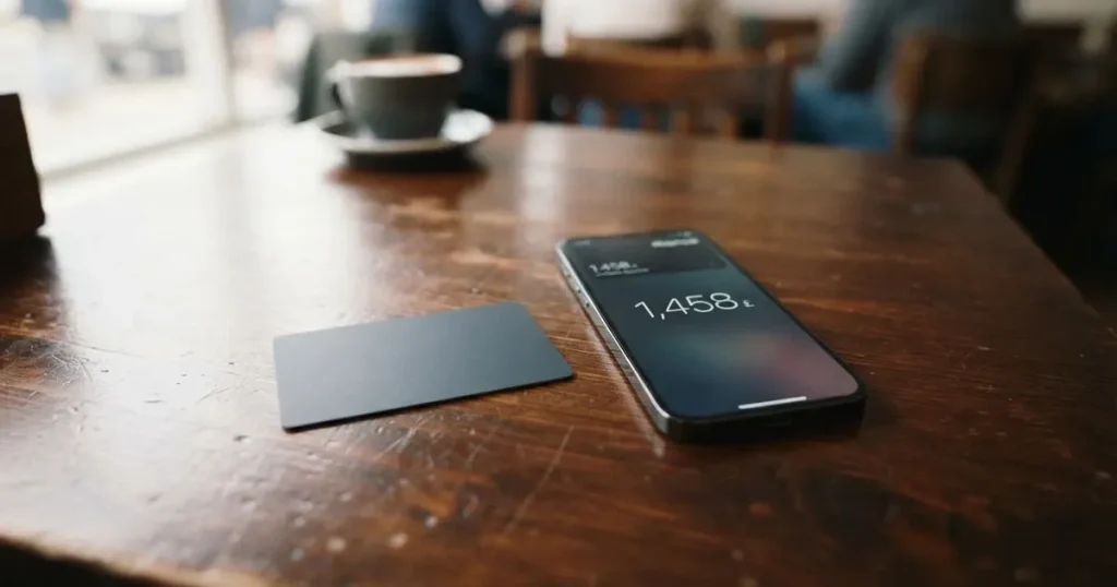 A payment card next to a phone with a crypto wallet app open