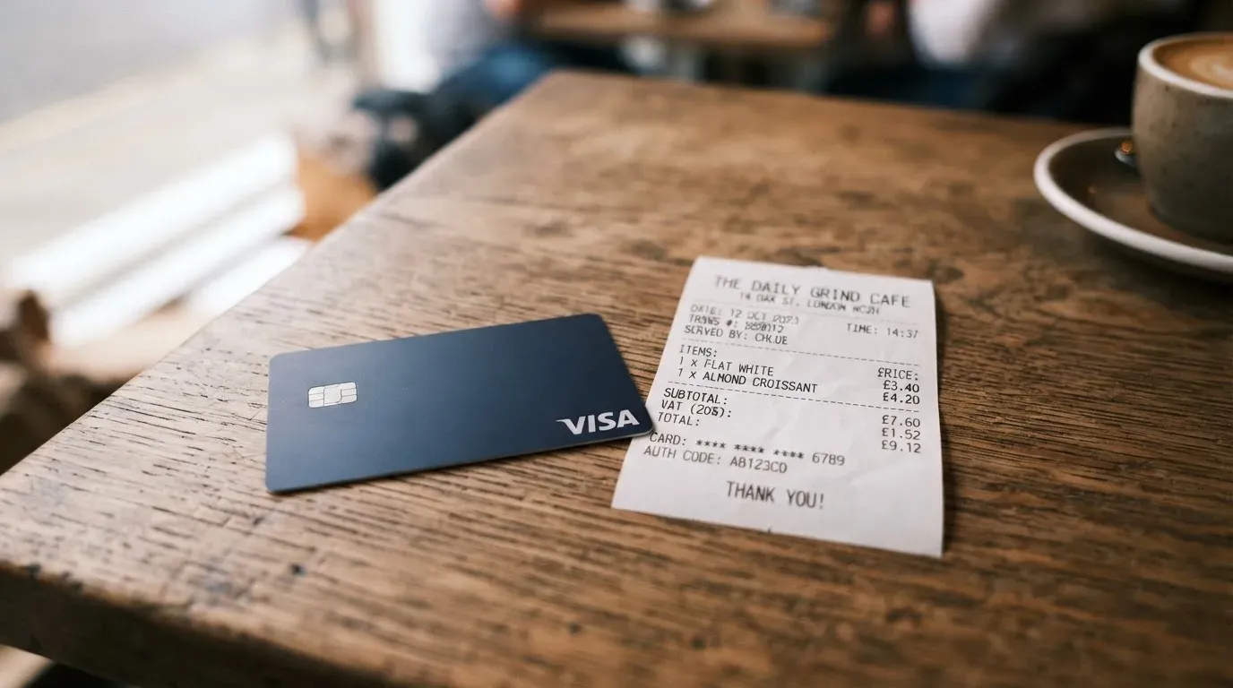 A receipt and a card on a café table