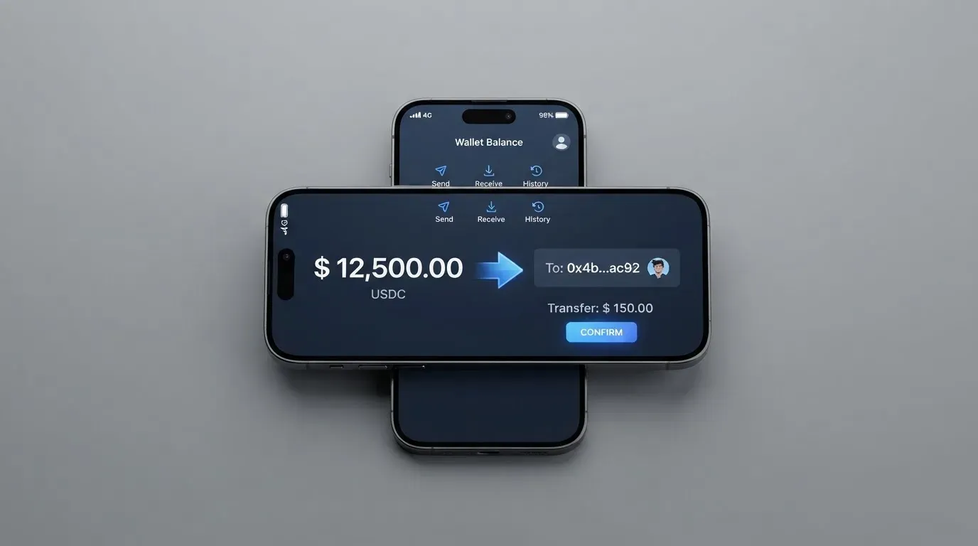 A phone showing a stablecoin transfer screen