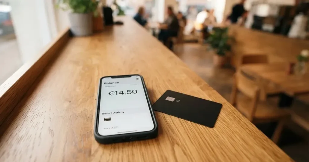 A payment card next to a phone with a crypto wallet app open