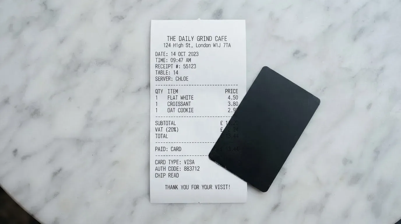 A receipt and a card on a café table