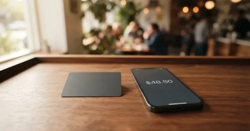 A payment card next to a phone with a crypto wallet app open
