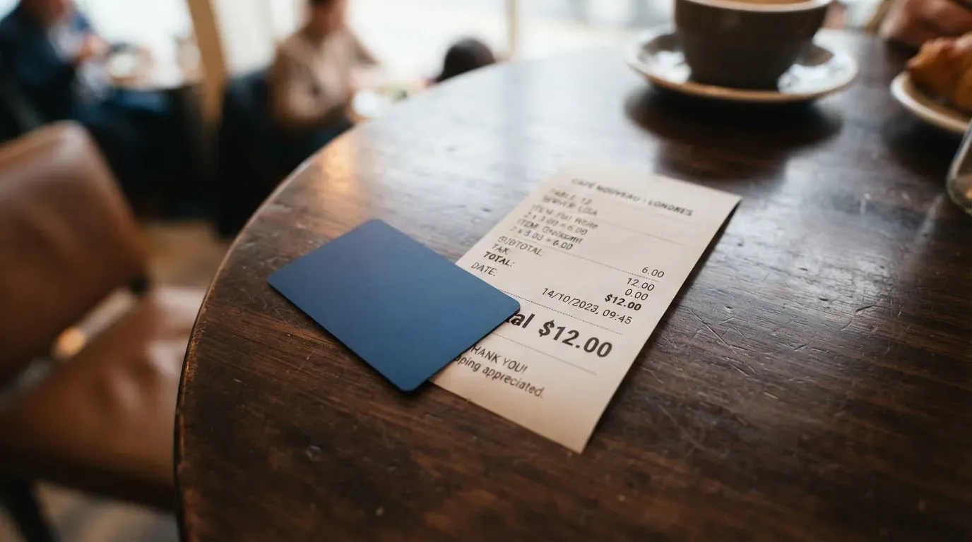 A receipt and a card on a café table