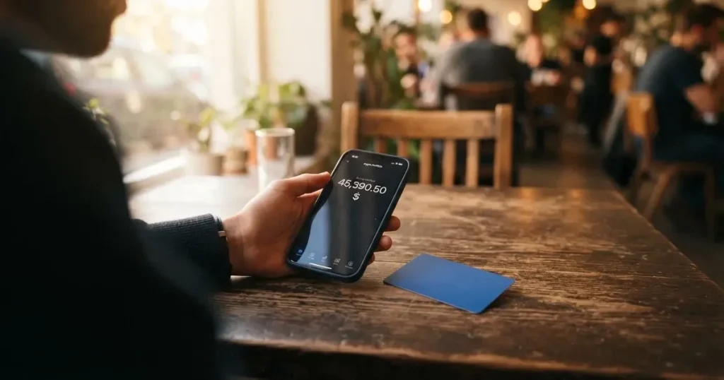 A payment card next to a phone with a crypto wallet app open