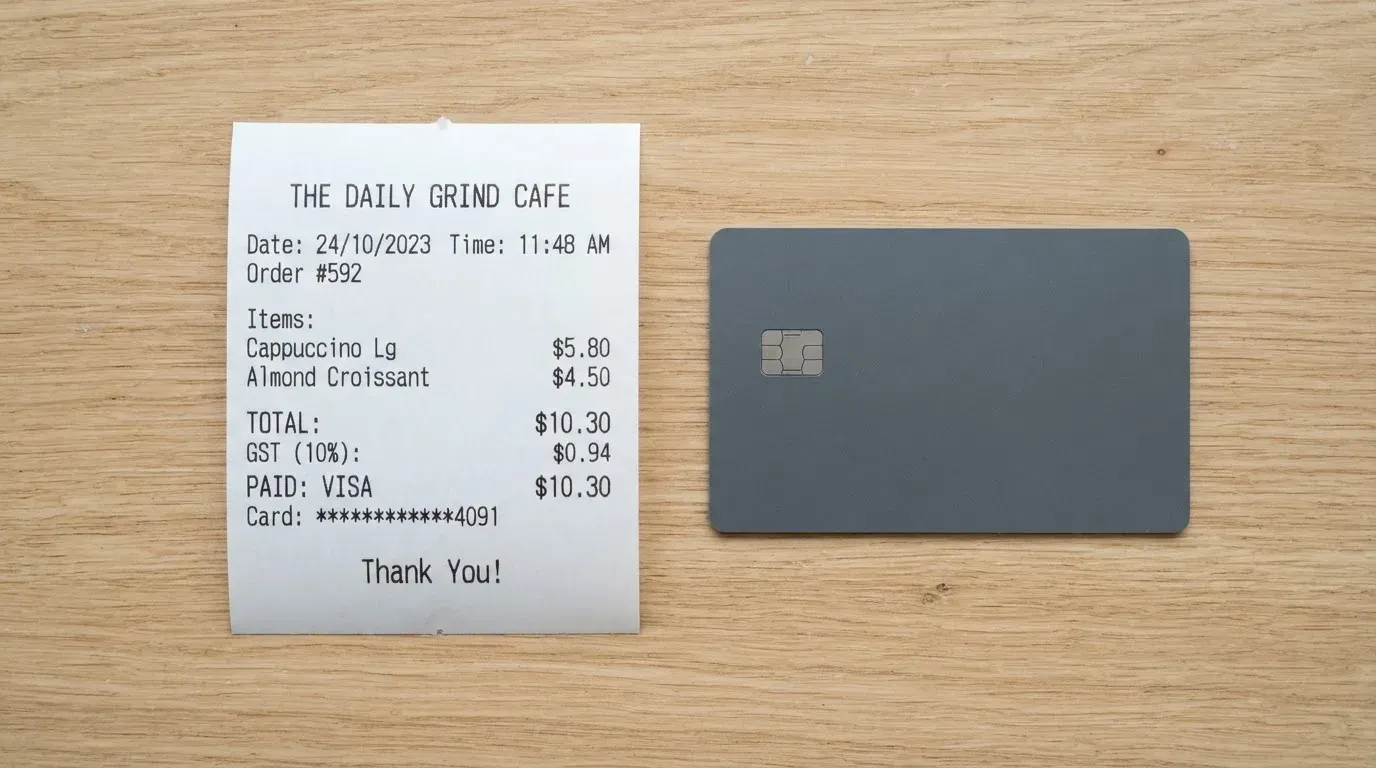 A receipt and a card on a café table