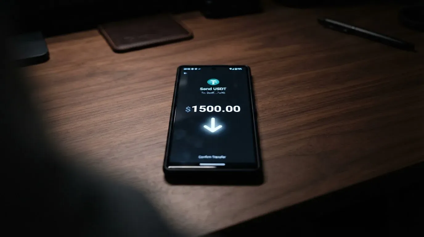 A phone showing a stablecoin transfer screen