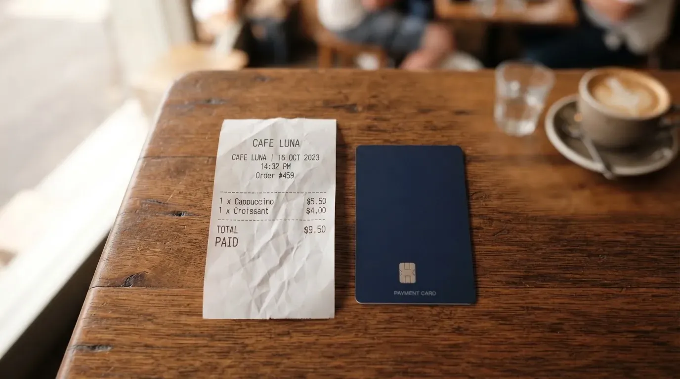 A receipt and a card on a café table