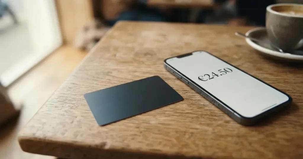 A payment card next to a phone with a crypto wallet app open