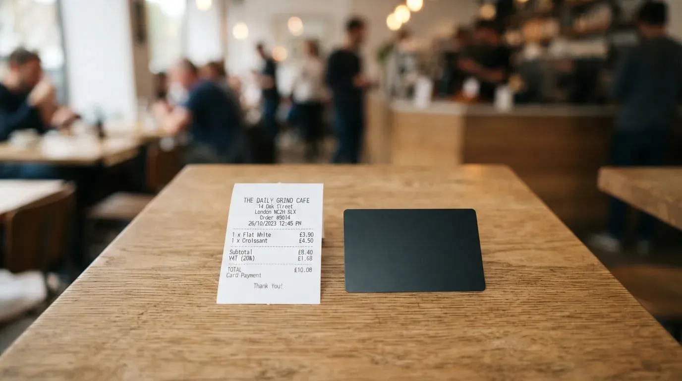 A receipt and a card on a café table