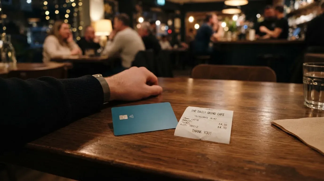 A receipt and a card on a café table