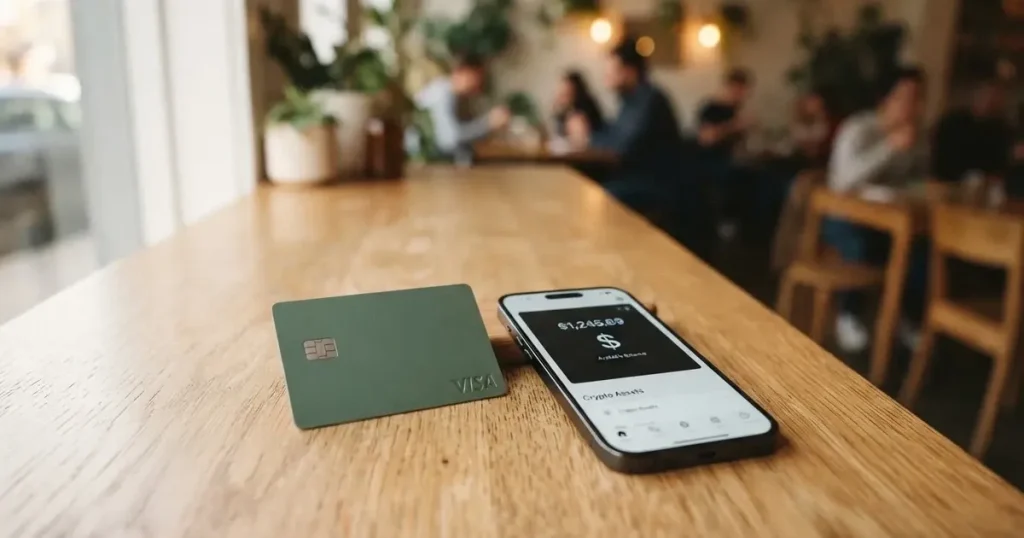 A payment card next to a phone with a crypto wallet app open