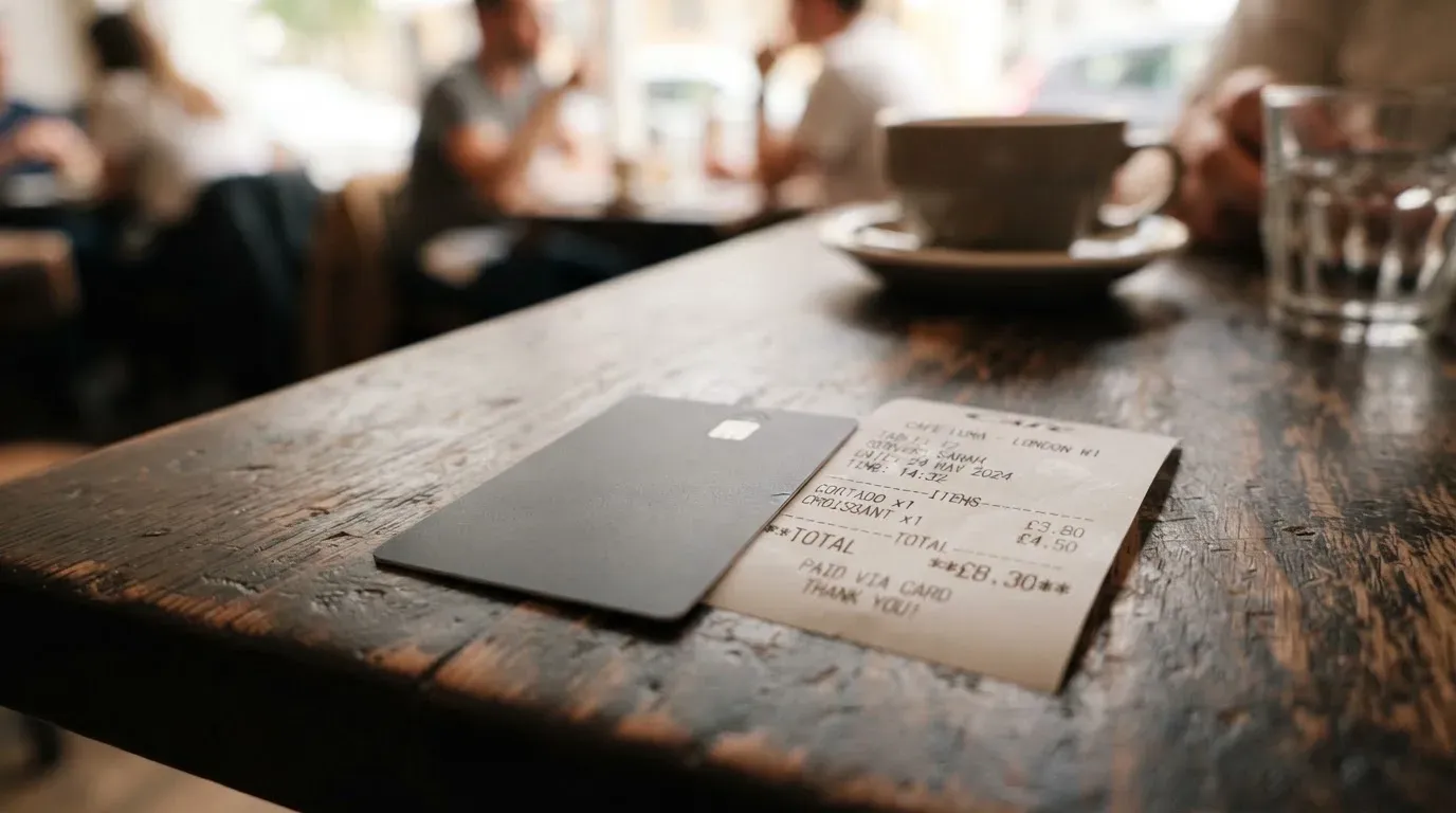 A receipt and a card on a café table