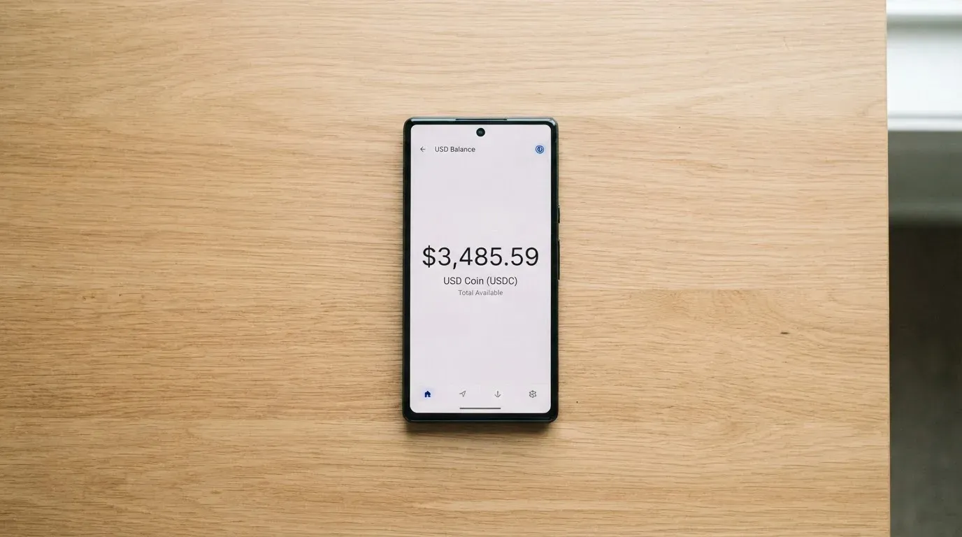 A phone showing a stablecoin transfer screen