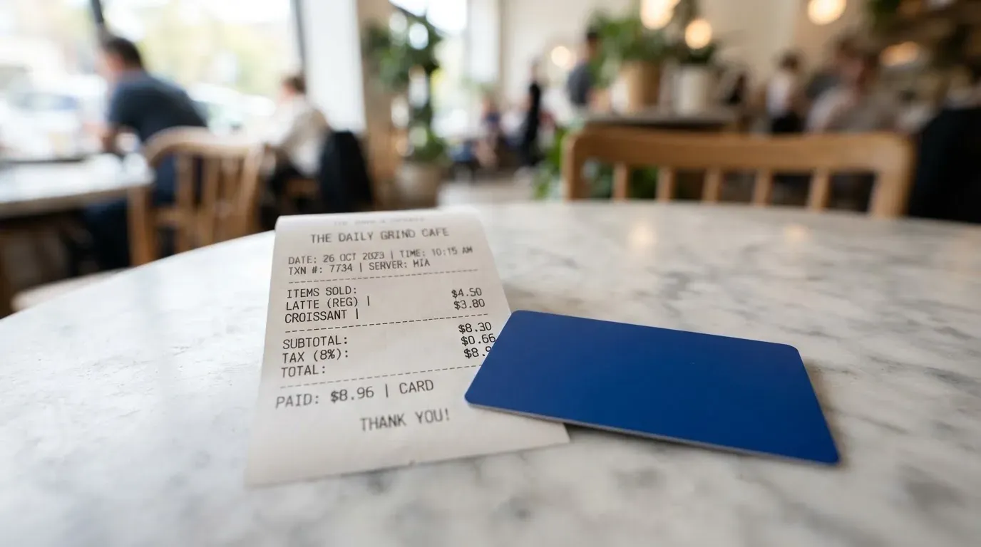 A receipt and a card on a café table