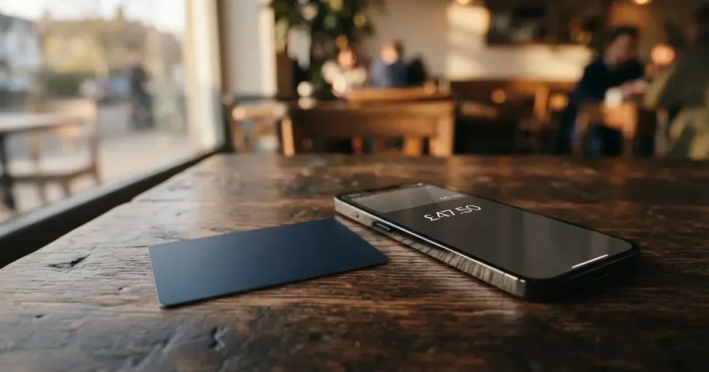 A payment card next to a phone with a crypto wallet app open