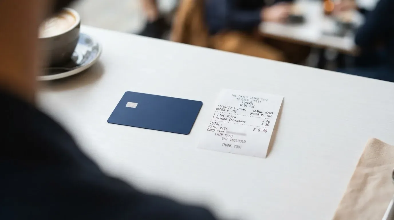 A receipt and a card on a café table