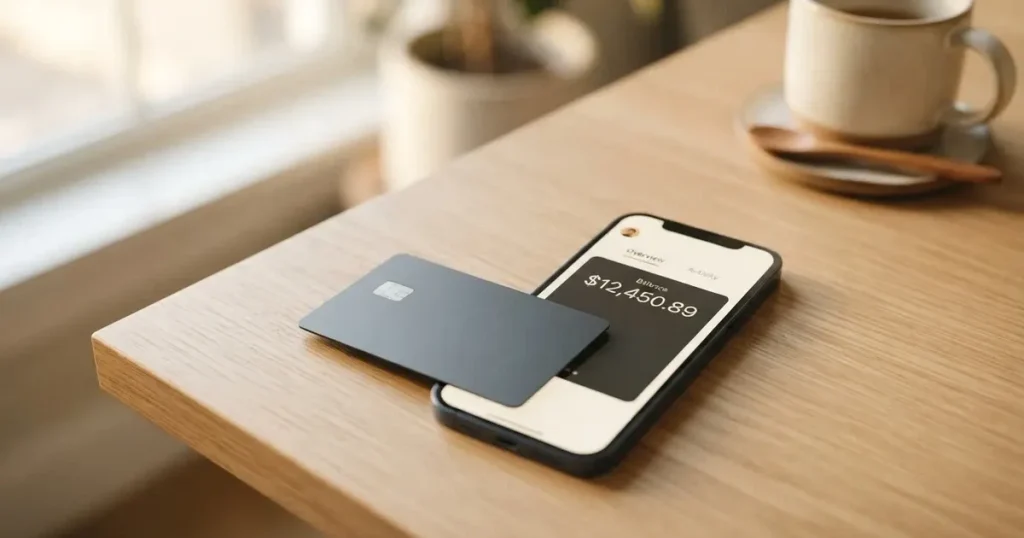 A payment card next to a phone with a crypto wallet app open