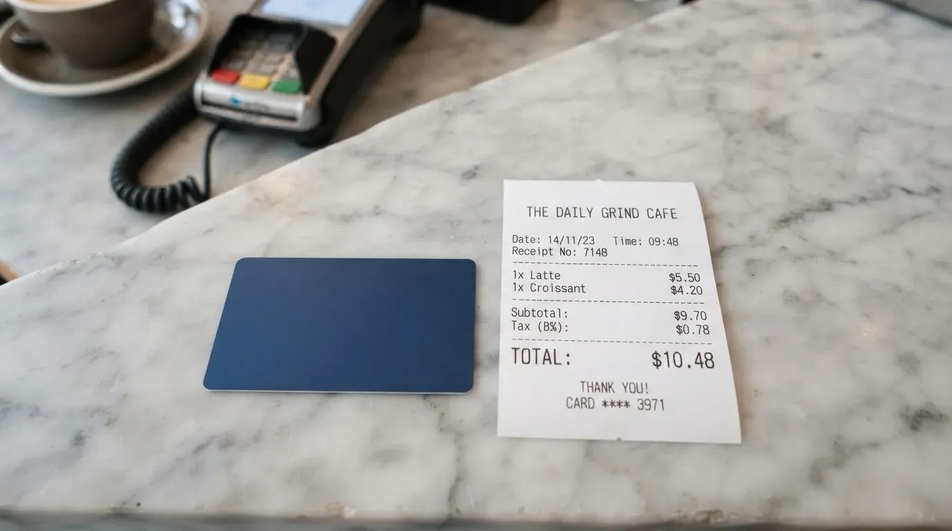 A receipt and a card on a café table