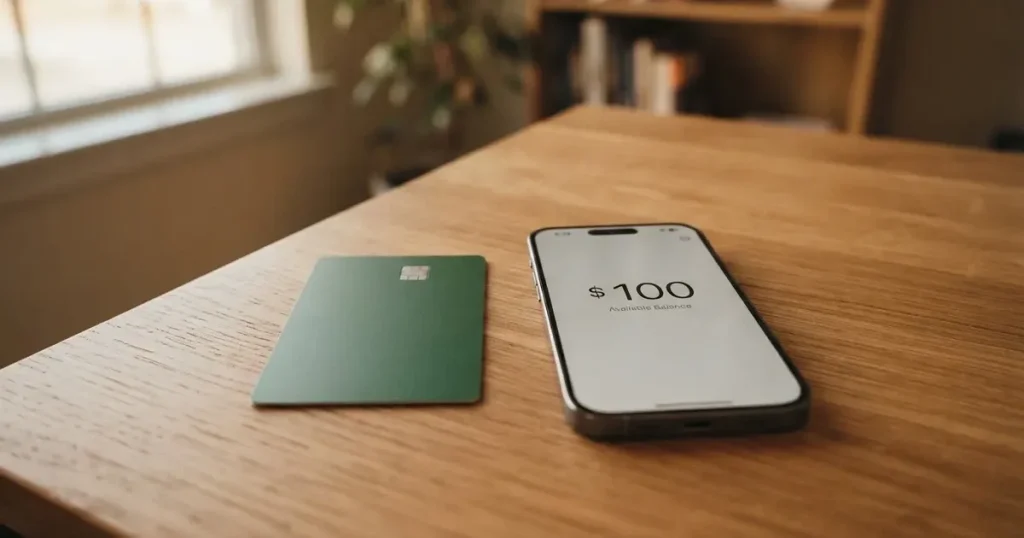 A payment card next to a phone with a crypto wallet app open