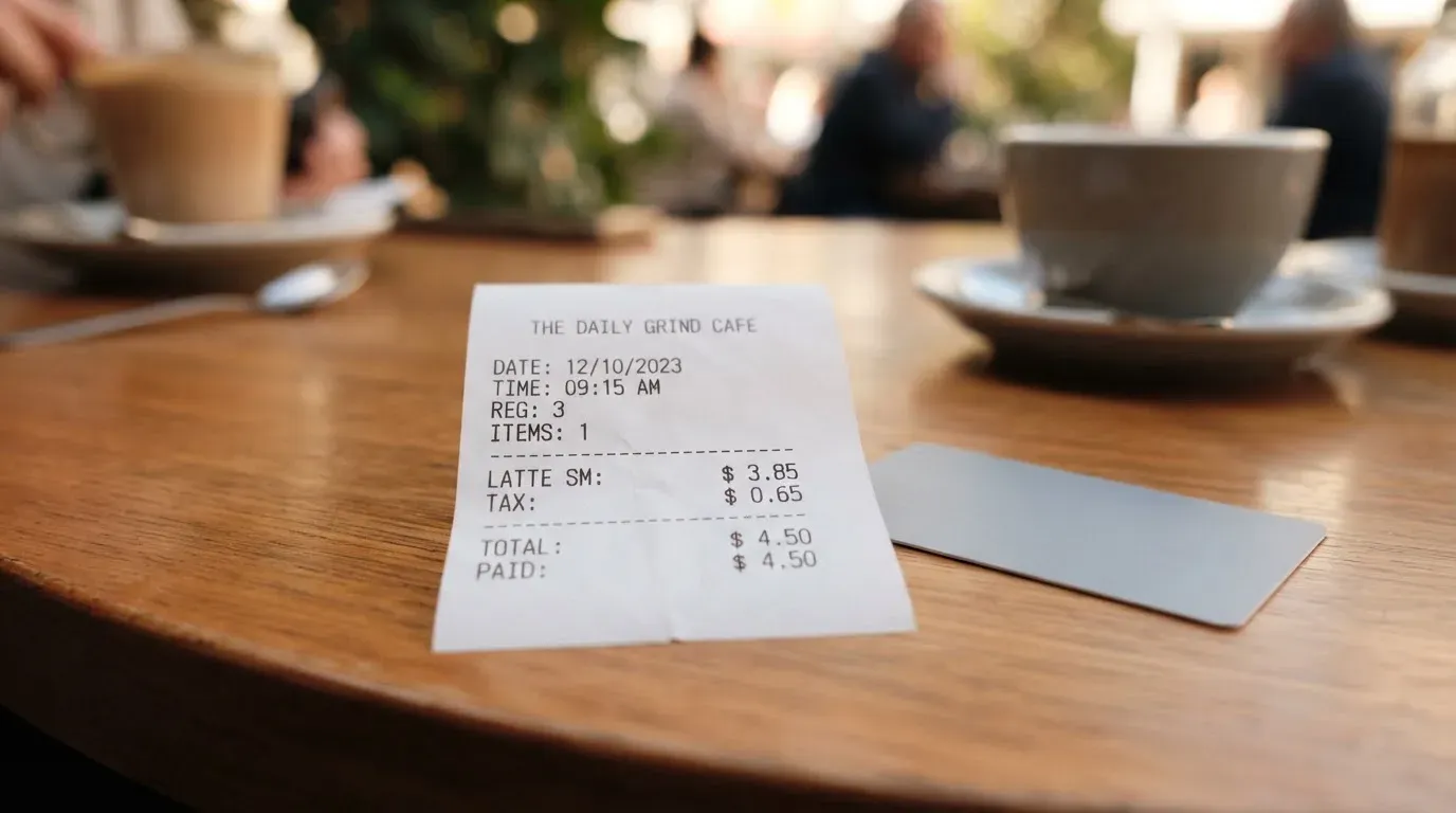 A receipt and a card on a café table