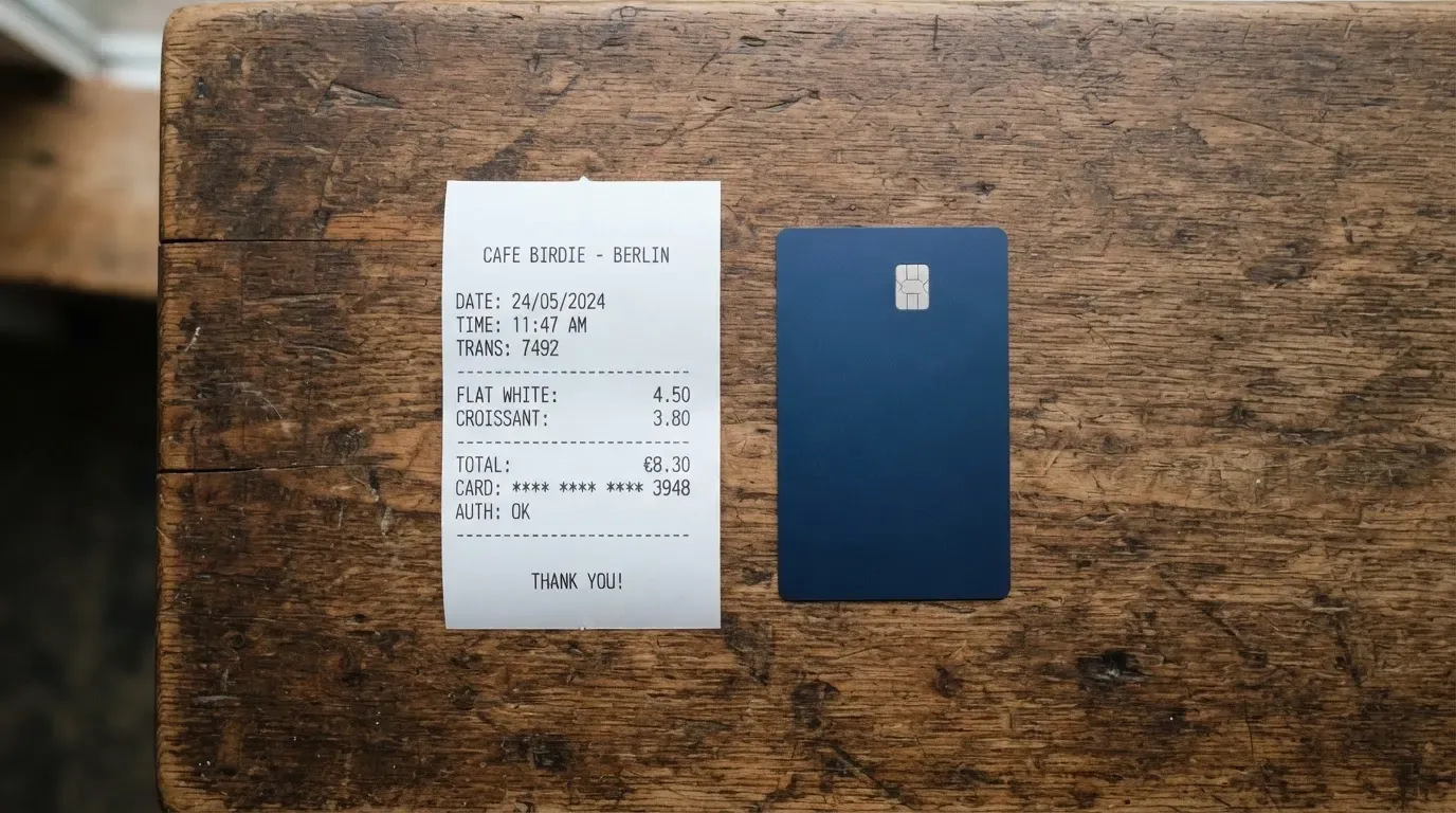 A receipt and a card on a café table