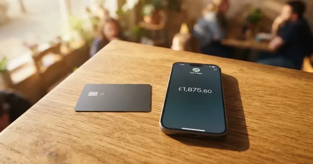A payment card next to a phone with a crypto wallet app open