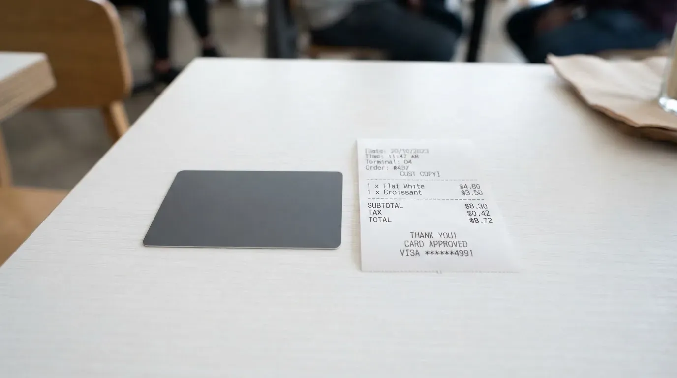A receipt and a card on a café table
