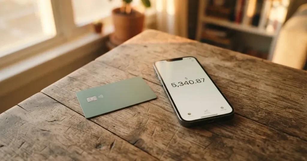 A payment card next to a phone with a crypto wallet app open