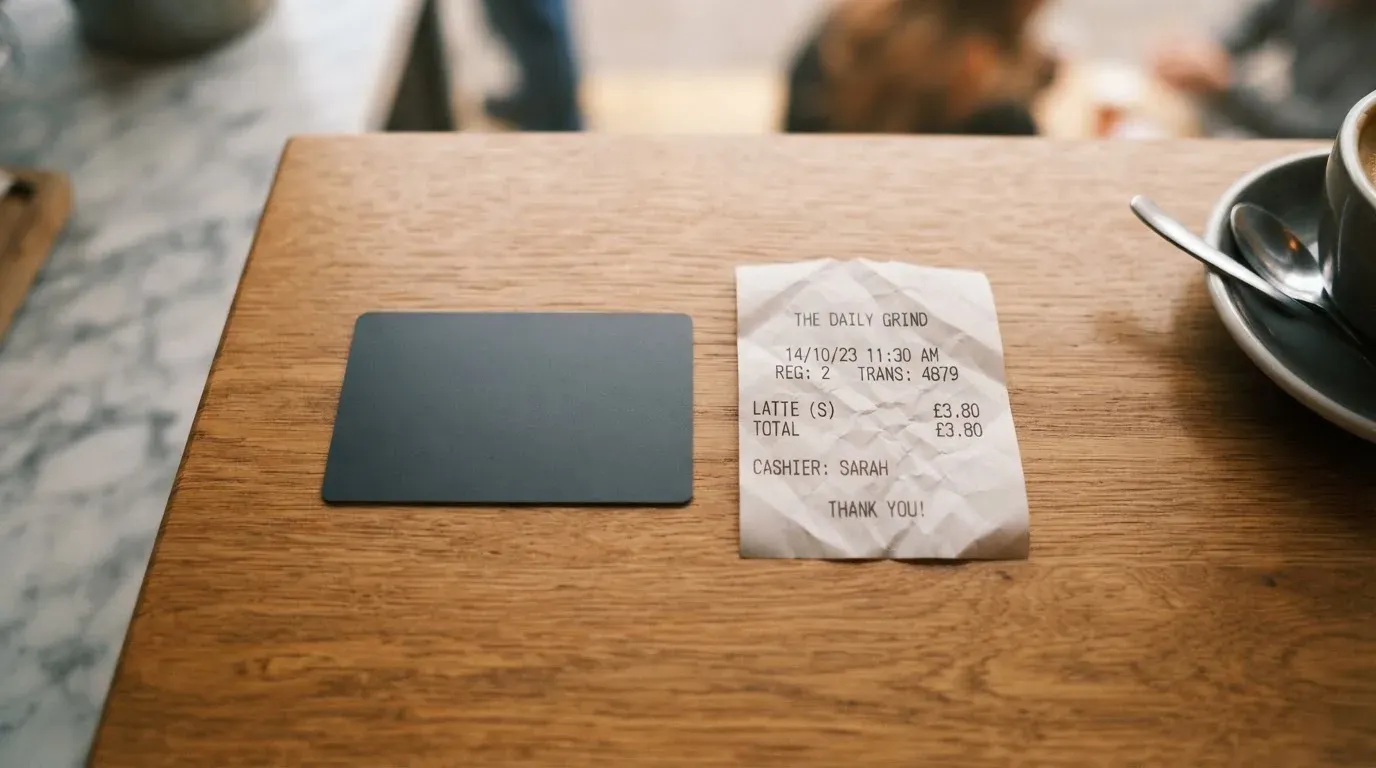 A receipt and a card on a café table